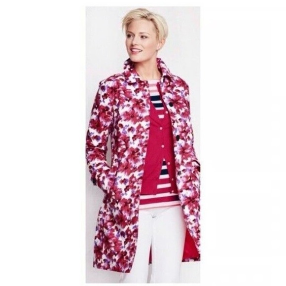 Lands' End Jackets & Blazers - Lands' End Floral Trench Coat - Red and White